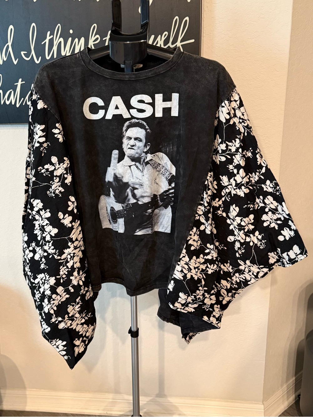 Johnny Cash Graphic Pullover with Floral Kantha Sleeves NWT